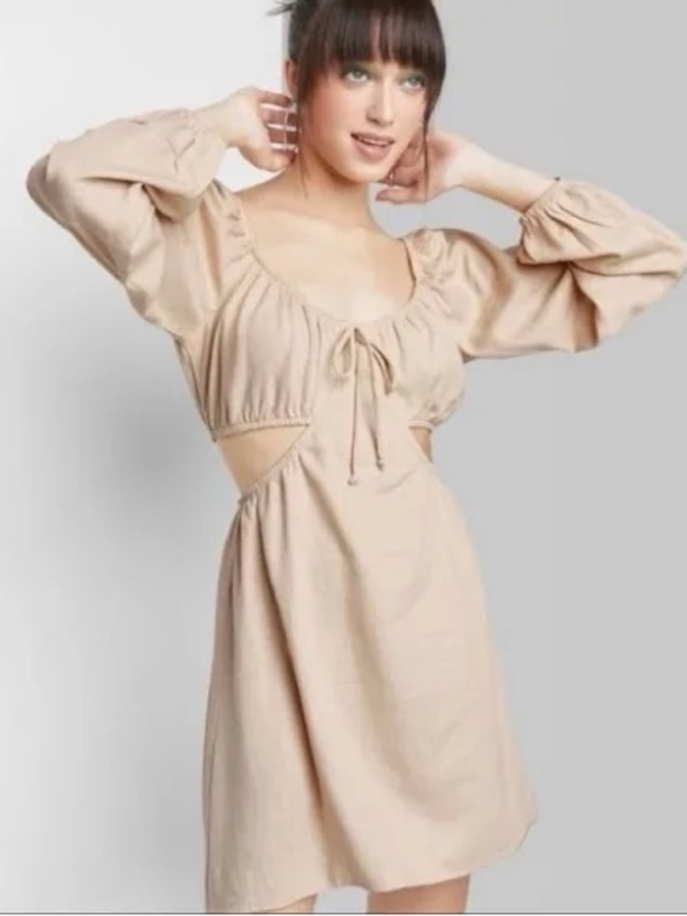 Beige Cutout Puff-Sleeve Mini Dress - Women